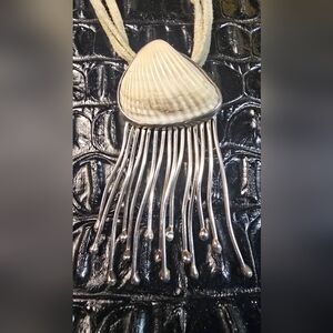 Vintage Seashell Pendant Necklace/Brooch 925 Sterling Silver And Leather